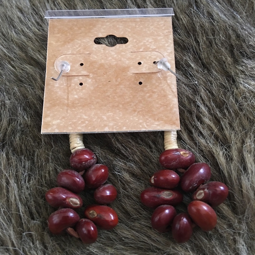 Boho natural bean dangle fish hook earrings - Picture 3 of 4